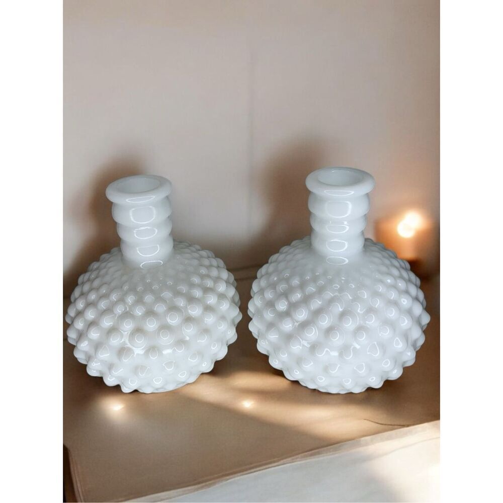 Milk Glass Hobnail Round Ribbed 5" Bud Set of 2 Vases Barber’s Perfume Bottle - Picture 2 of 12
